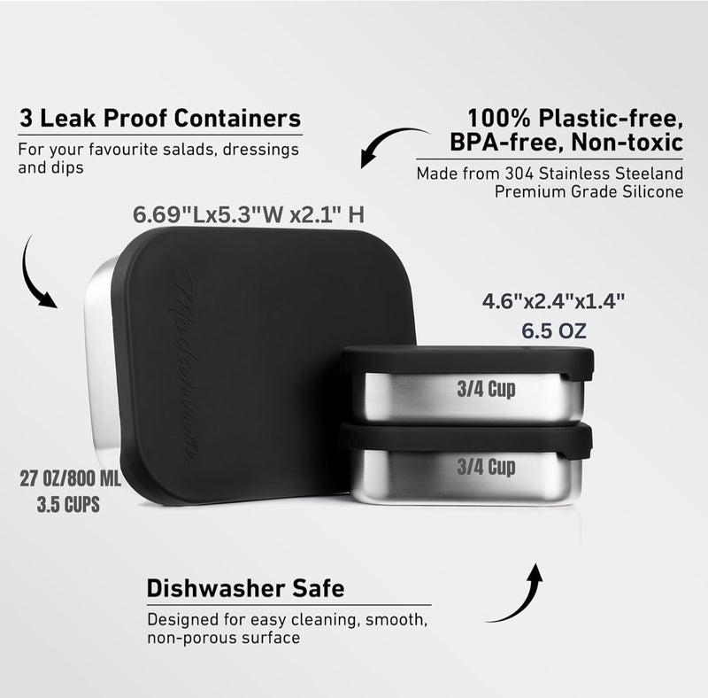 Modaniam Leak proof Stainless Steel Lunch Box| Stainless Steel bento box | Metal Lunch Containers| Sandwich ,Snacks container| Meal prep| Metal lunch box| Korean Lunch Box| Black|SMall 27 Oz+ 2*6.5Oz - Image 4